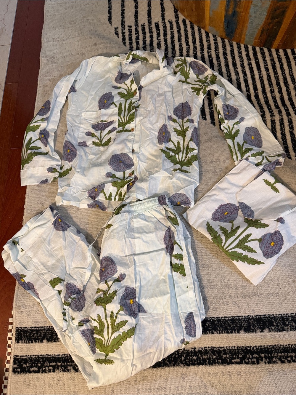 Floral Cotton Pajama Set in White with Purple Blooms - Unbranded